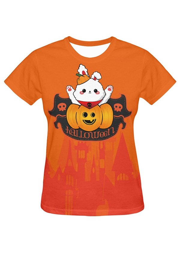 Halloween Women Regular T-shirts Pumpkin Bunny Prints Slim T-shirts