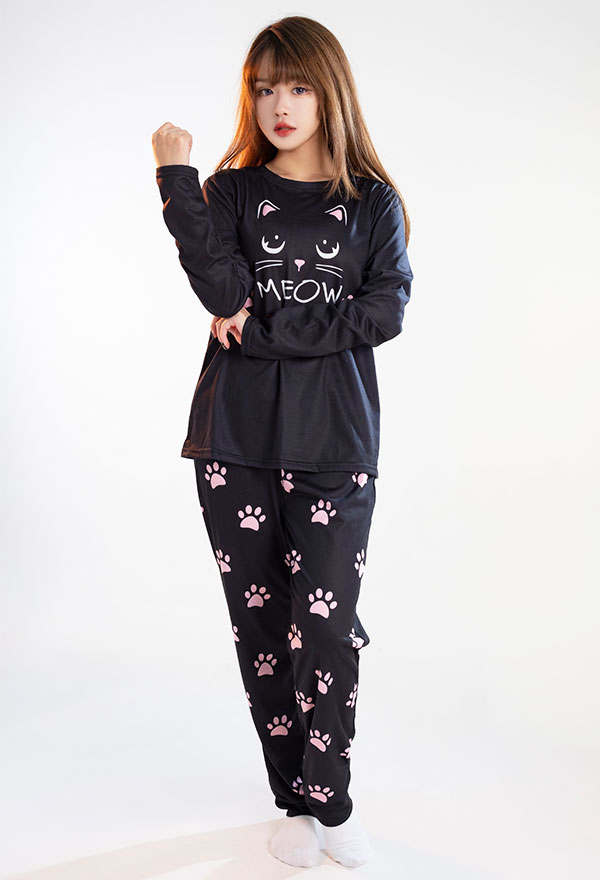 Miccostumes Chat Patte Imprime Femmes Pyjamas Ensemble Haut et Pantalon Sommeil Ensemble à Manches Longues Salon Ensembles Vêtements De Nuit