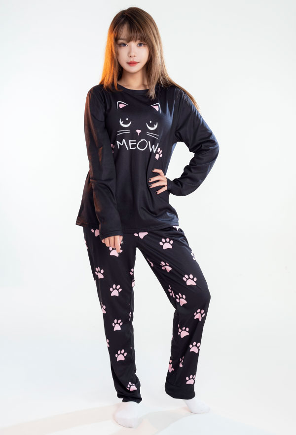 Miccostumes Chat Patte Imprime Femmes Pyjamas Ensemble Haut et Pantalon Sommeil Ensemble à Manches Longues Salon Ensembles Vêtements De Nuit