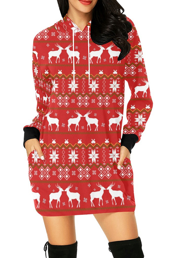 Women Hoodies Christmas Reindeer Mosaic Pattern Pocket Long Sleeve Tunic Top Quality Casual Sweatshirts for Sale