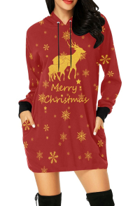 Merry Christmas Women Pullover Hoodie Dress Reindeer Prints Long Sleeve Red Sweatshirt