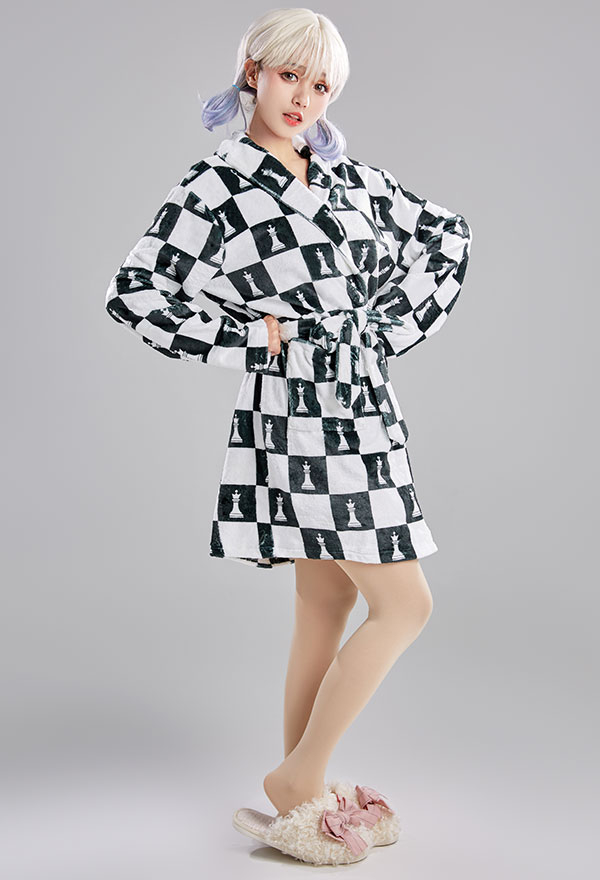 Women Bathrobe Shower Robes Checkerboard Print Warm Robe Kimono House Sleepwear Flannel Comfy Loungewear