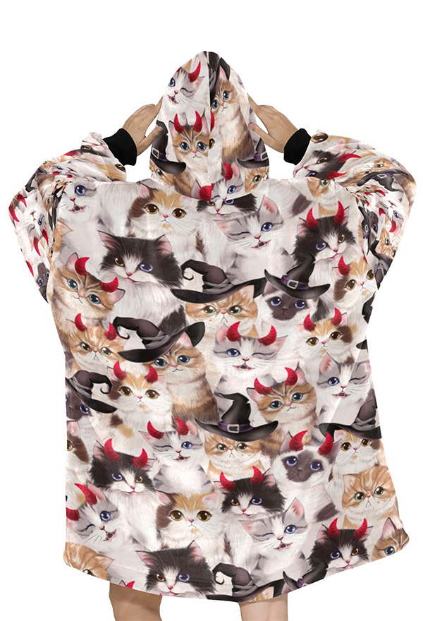 Women Blanket Hoodie Demon Cats Pattern Cozy Pullover Blanket