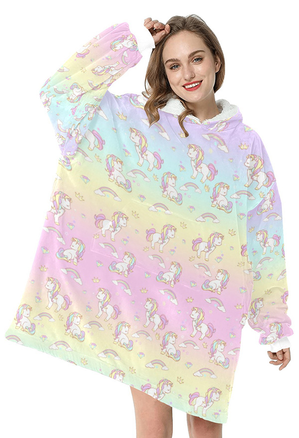 Women Blanket Hoodie Unicorn Pattern Cozy Pullover Blanket