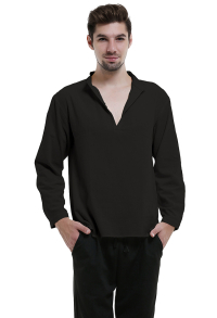 Men Renaissance Medieval Shirt Black V Neck Long Sleeve Pirate Top for Halloween