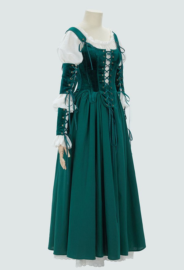Robe Victorienne 2 Pièces Pour Femme - Chemisier à Lacets Et Jupe Plissée, Style Médiéval/soirée, Vert