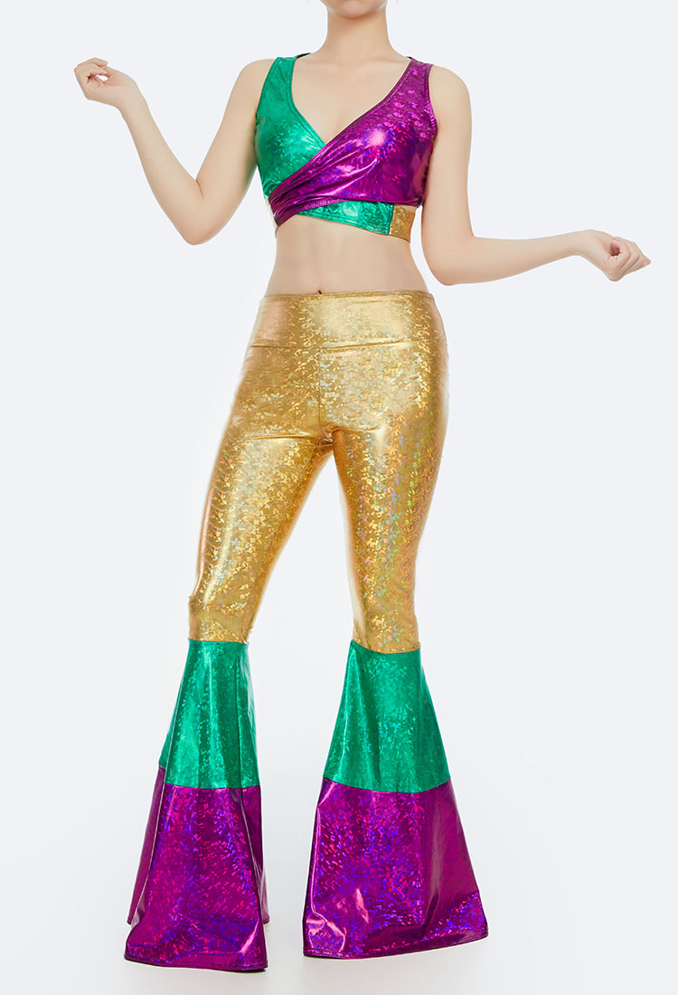 Mardi Gras Costume Crossover V-Neck Top and Flared Pants Party Set