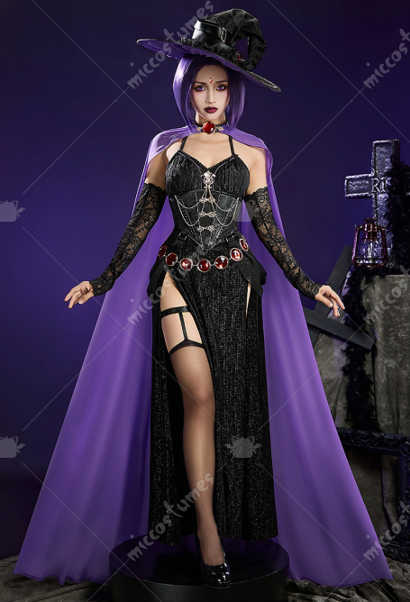 Raven Derivative Halloween Gothic Witch Cosplay Costume Halter Neck Dress with Cape and Hat