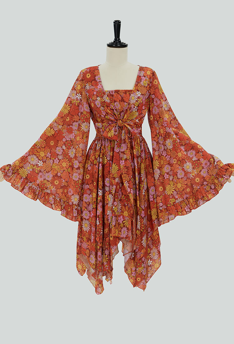 Vintage Hippie Costume 1970s Floral Dress with Coat Disco Prom Carnival Halloween Party Dress