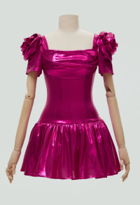1980s Vintage Swing Neck Slim Dress Retro Short Sleeves Rose Red Shiny Metallic Skater Dress