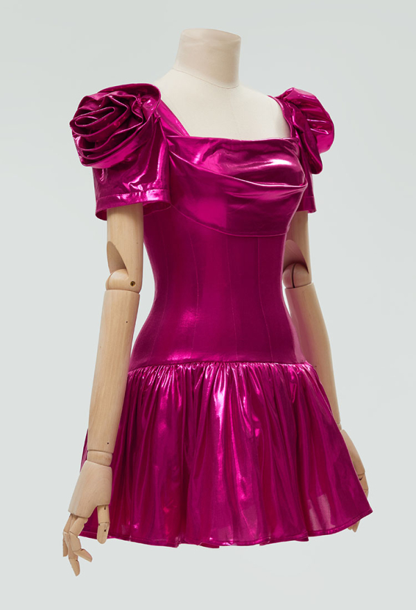 Women 1980s Vintage Swing Neck Slim Dress - Retro Short Sleeves Rose Red  Shiny Metallic Skater Dress Cosplay | Top Quality Dress for Sale