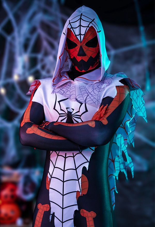 Halloween Skeleton Spiderman Cosplay Costume - Skeleton Pattern Bodysuit  and Spider Web Design Cloak Cosplay Outfits