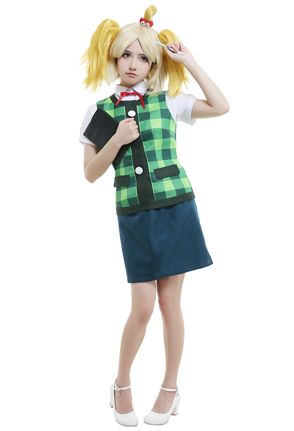 Animal Crossing New Leaf Shih Tzu Dog Isabelle Secretary Summer Suit Cute Green Checkered Vest Cosplay Costume Full Set with Headdress