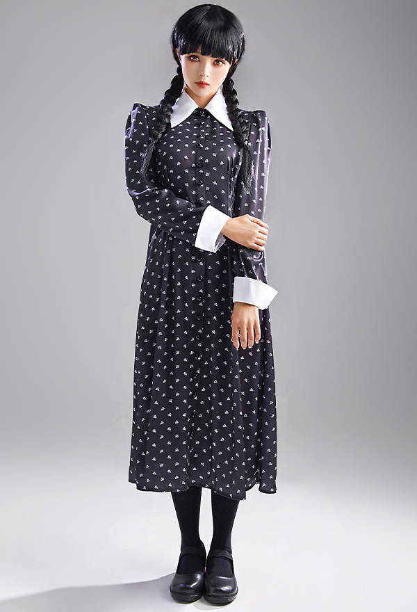 Wednesday Addams Cosplay Costume Largo Vestido con Medias