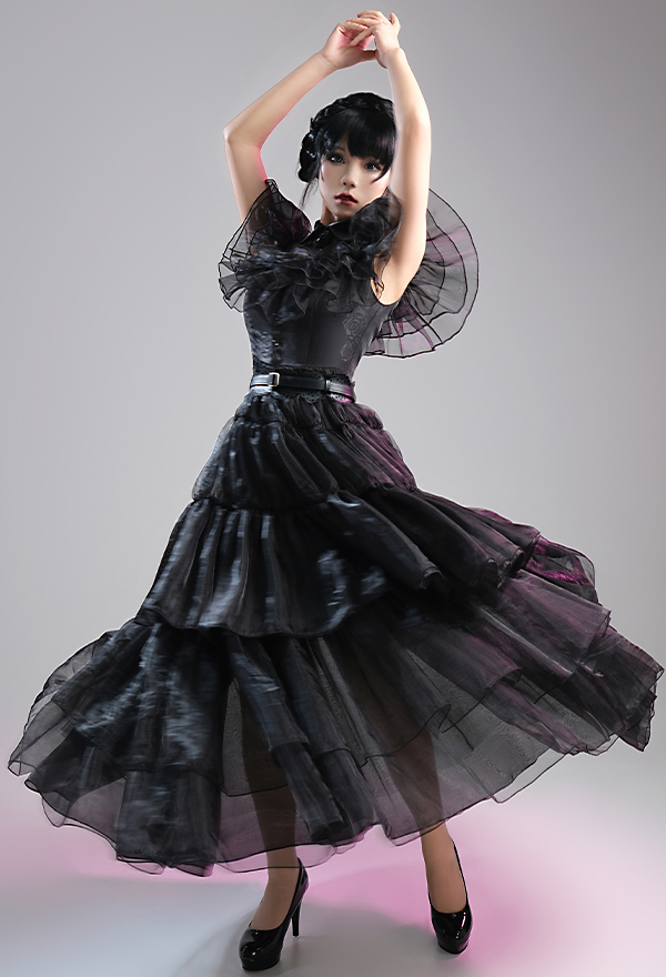 Wednesday Adams Family Cosplay Ball Black Dress Performance Dress(dress +  Belt + Decorative Belt)