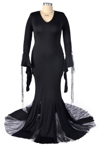 Morticia Gothic Halloween Costume Dress Black Spandex Trumpet Sleeve Back Zip Dress Plus Size 