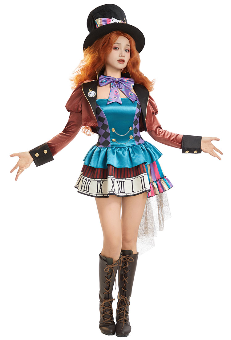 Alice in Wonderland Mad Hatter Gender Swap Cosplay Costume Halloween Dress with Jacket and Hat