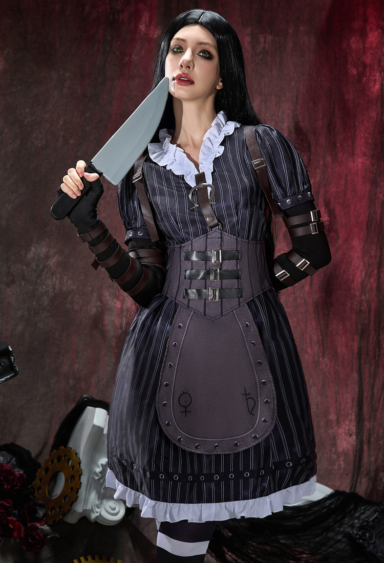 Alice: Madness Returns Alice Halloween Cosplay Costume Dress Unifrom with Waistband and Knee High Socks
