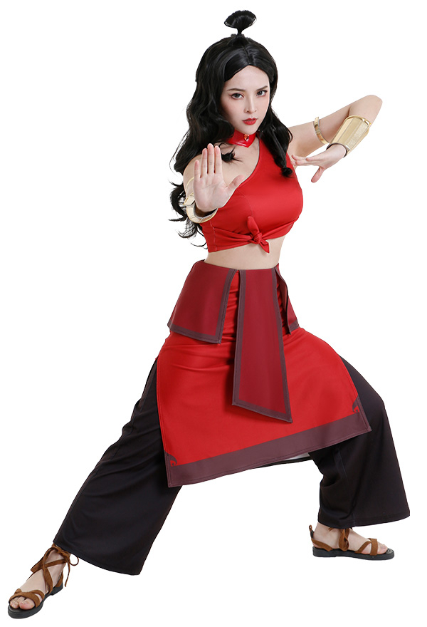 Avatar The Last Airbender Fire Nation Katara Traditional Folk Style Splited One Shoulder Short Top and Skirt Suit Full Set Cosplay Costume with