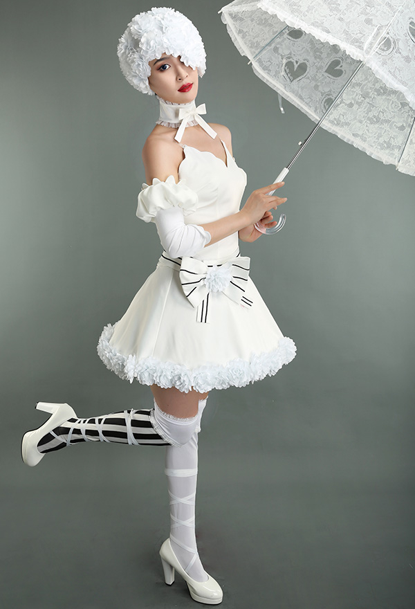 Black Butler The Princess of Circus Doll White Dress Cosplay Costume with Roses Hat