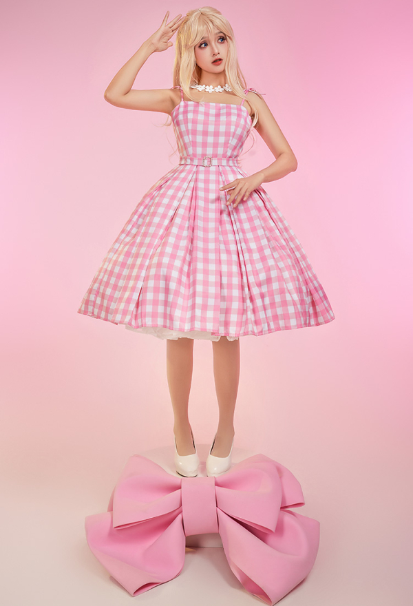 Barbara Movie Doll Pink Plaid Kleid Cosplay Ohrring Halskette Gürtel Slinge Kleid Cosplay Kostüm