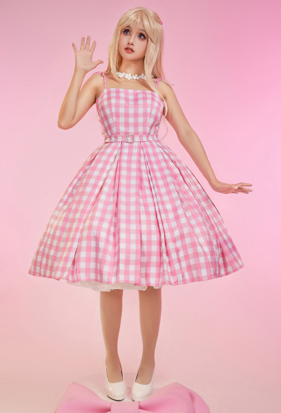 Barbara Movie Doll Cosplay Costume Pink Plaid Dress Set with Necklace Earring