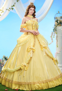 Princess Belle Cosplay Costume Ball Gown Yellow Dress with Choker and Bow