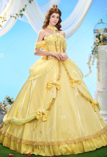 Princess Belle Cosplay Costume Ball Gown Yellow Dress with Choker and Bow