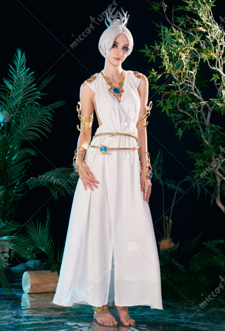 Baldur's Gate Shadowheart Cosplay Costume White Sleeveless Dress and Necklace with Anklet and Arm Ring