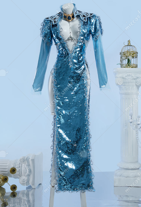 Baldur's Gate 3 Cosplay Costume Blue Long Dress with Shoulder Armor Neckpiece