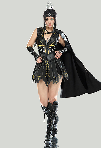 Shadowheart Derivative Battle Suit Schwarzes Tiefes V-Lederkleid mit Umhang Hose Cosplay