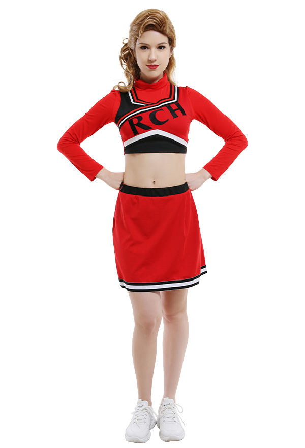Bring it On RCH Athletic Sportswear Long Sleeved High Collar Cheerleader Top T-shirt and Skirt Set Cosplay Costume Outfits with Logo-Embroidered Vest