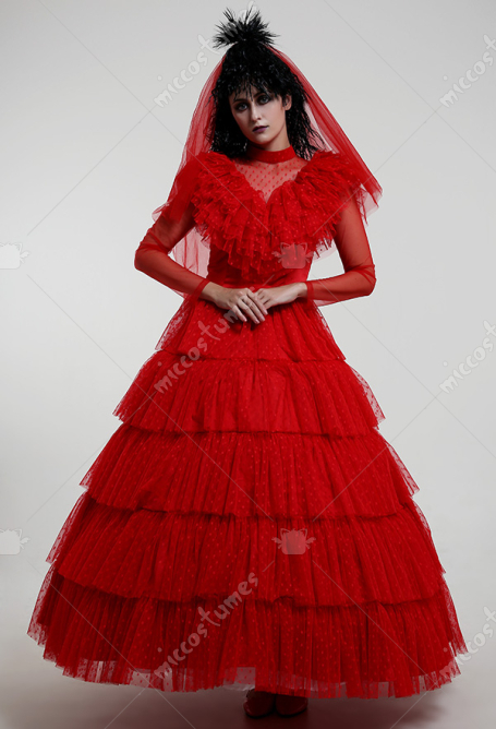 Beetlejuice Lydia Deetz Gothic Red Wedding Style Dress Cosplay Costume for Halloween with Headdress