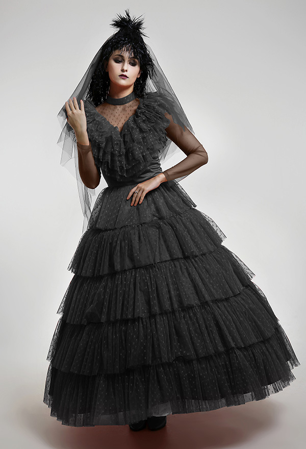 Robe de Mariée Noire Gothique Costume de Cosplay Pour Halloween Avec Voile