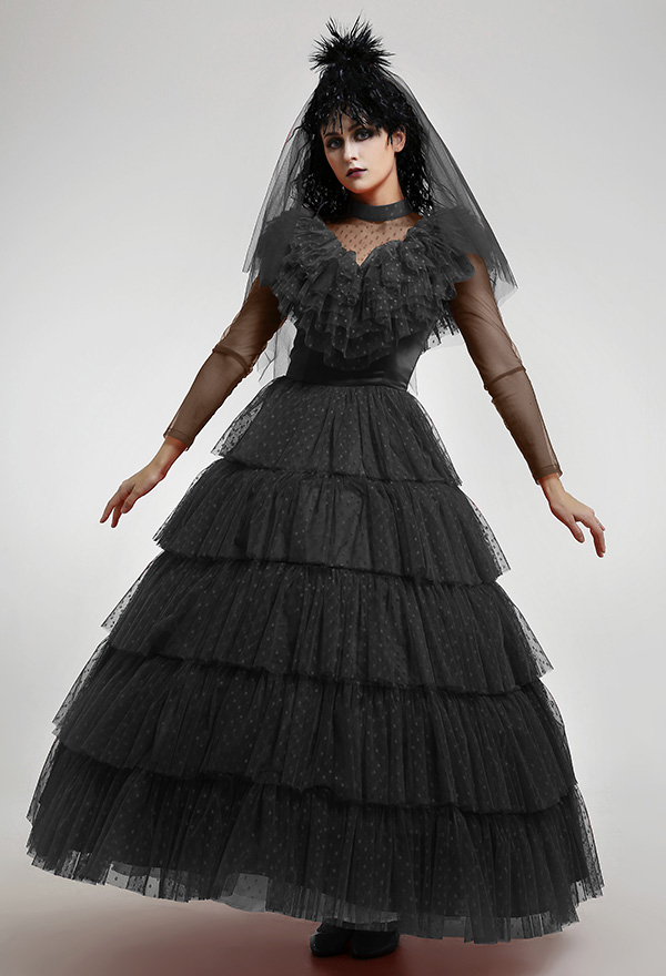 Robe de Mariée Noire Gothique Costume de Cosplay Pour Halloween Avec Voile