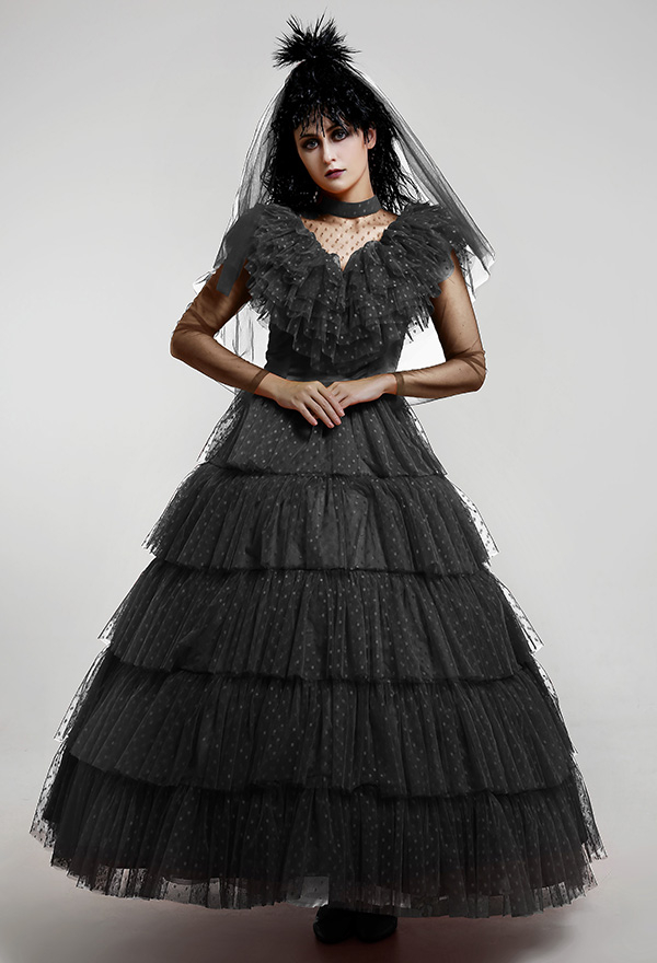 Robe de Mariée Noire Gothique Costume de Cosplay Pour Halloween Avec Voile