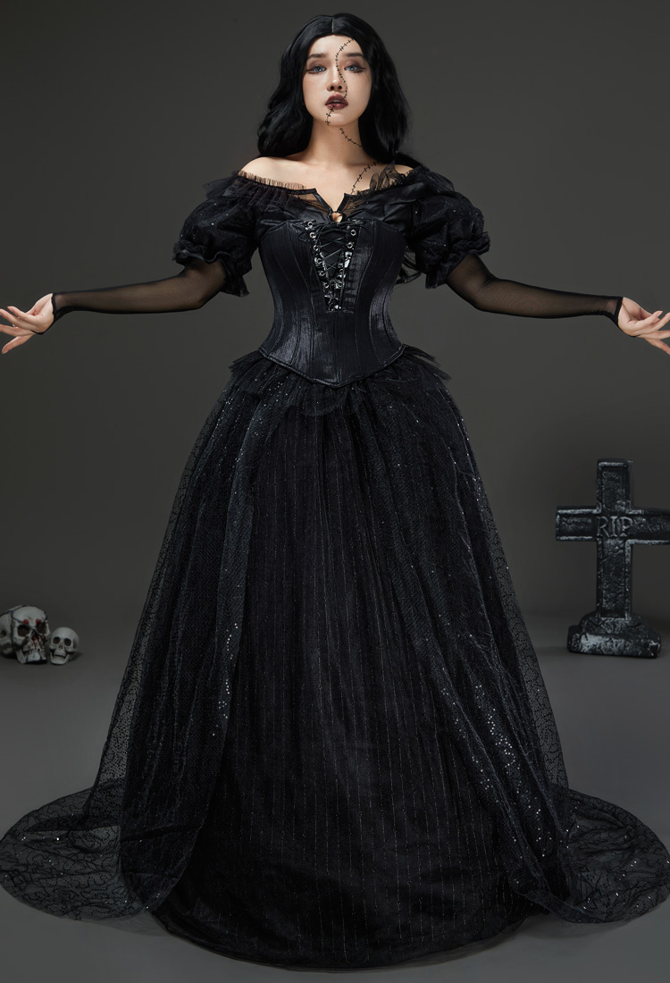Beetlejuice Delores Cosplay Costume Gohitc Black Dress with Corset and Gloves