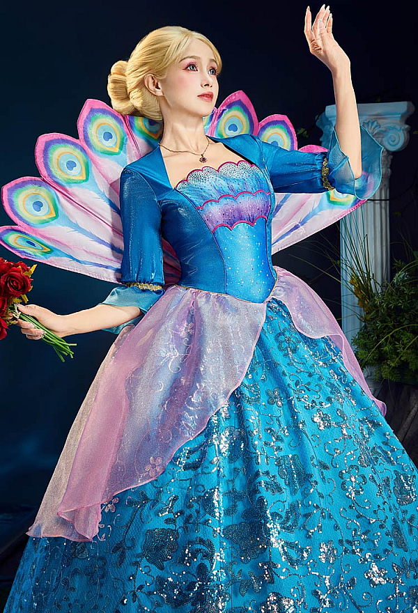 blue cosplay dress Barbara Rosella Costume with Peacock Tail and Necklace Drop Length:21