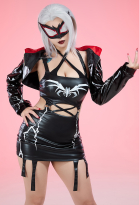 Superhero Derivative Biker Suit Set Leather Cutout Irregular Halter Dress with Hooded Jacket and Eyepatch