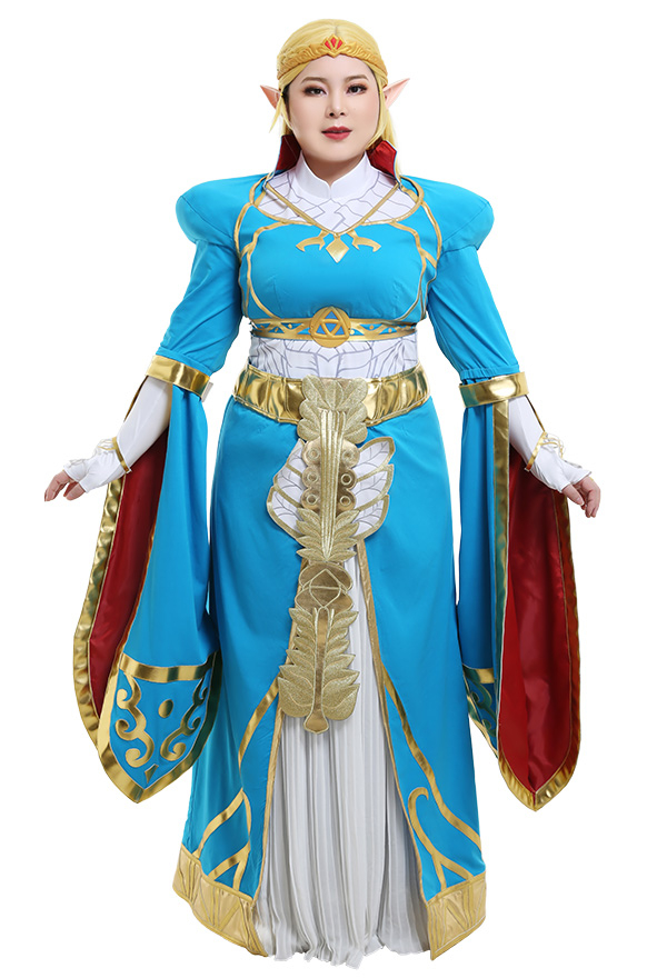 Talla grande Exclusivo The Legend of Zelda Breath of the Wild Princess Zelda Vestido Largo Azul Traje de Cosplay Curvilíneo con Guantes y Tocado