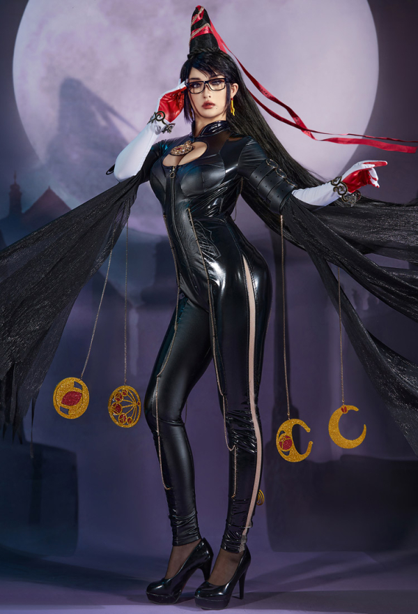 Bayonetta Costume de Cosplay Bodysuit Dos Nu et Gants avec Chaînes et Chaussettes