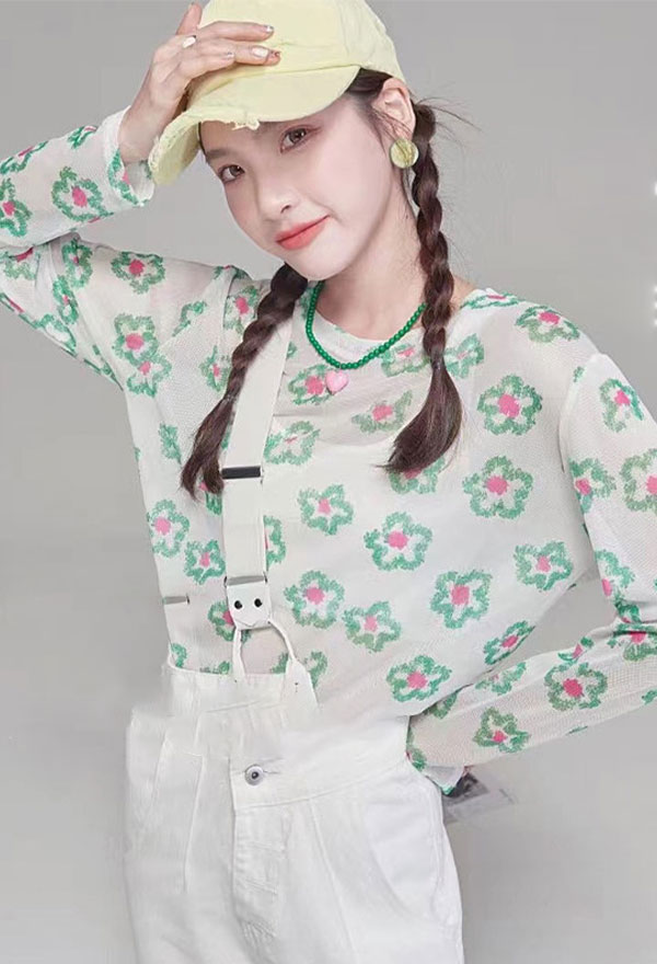 Women Sheer Mesh Top Green Floral Print Crew Neck See-Through Long Sleeves T-shirt Casual Blouse