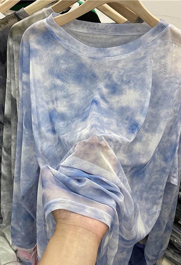 Women Sheer Mesh Top Tie-Dye Print Crew Neck See-Through Long Sleeves T-shirt Casual Blouse
