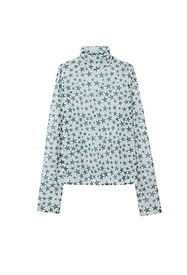 Women Mesh Tops - Turtleneck Shirt Star Print Slim Stretch