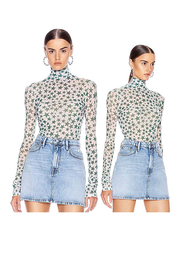 Women Mesh Tops Turtleneck Shirt Star Print Slim Blouse Stretch Long Sleeve Comfort Tee