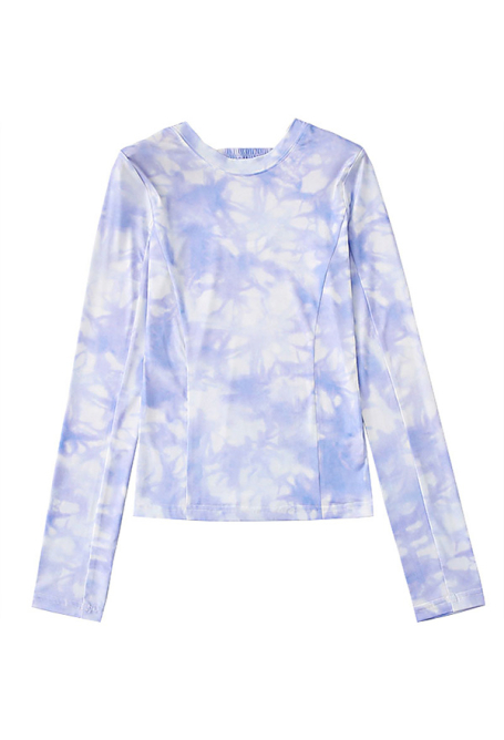 Women Mesh Tops Tie Dye Shirt Slim Blouse Stretch Long Sleeve Comfort Tee