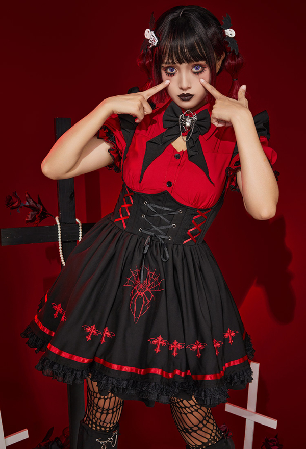 Set de Costume de Style Gothique Tenue pour Halloween Lolita Fille Vampire Araignée Rouge Noir Chemise et Jupe avec Bas