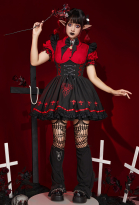 Halloween Women Vampire Girl Spider Costume Dark Gothic Spider Web Cross Pattern Suspender Skirt and Shirt Set Outfit with Tights Leg Covers