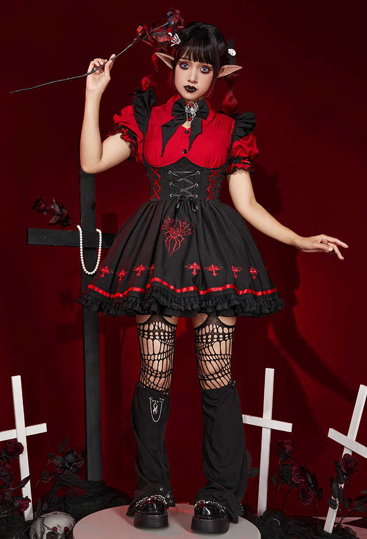 Halloween Women Vampire Girl Spider Costume Dark Gothic Spider Web Cross Pattern Suspender Skirt and Shirt Set Outfit with Tights Leg Covers