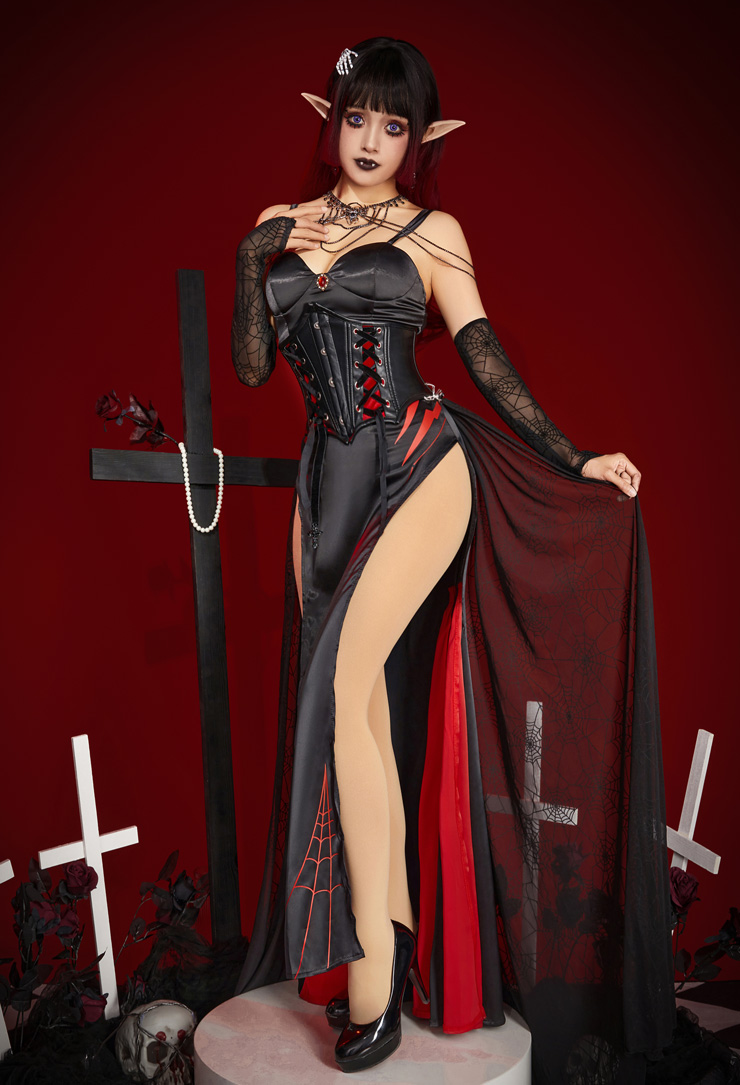Halloween Women Sexy Vampire Spider Costume Dark Gothic High Slit Dress Outfit with Sleeves Necklace